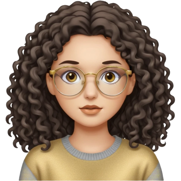 aesthetic white girl with dark brown, long curly hair and black eyes  , light grey sweater top and gold glasses emoji