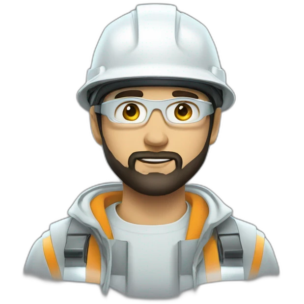 A young electrical engineer with a light black beard, a white helmet and a phosphorescent protection jacket emoji
