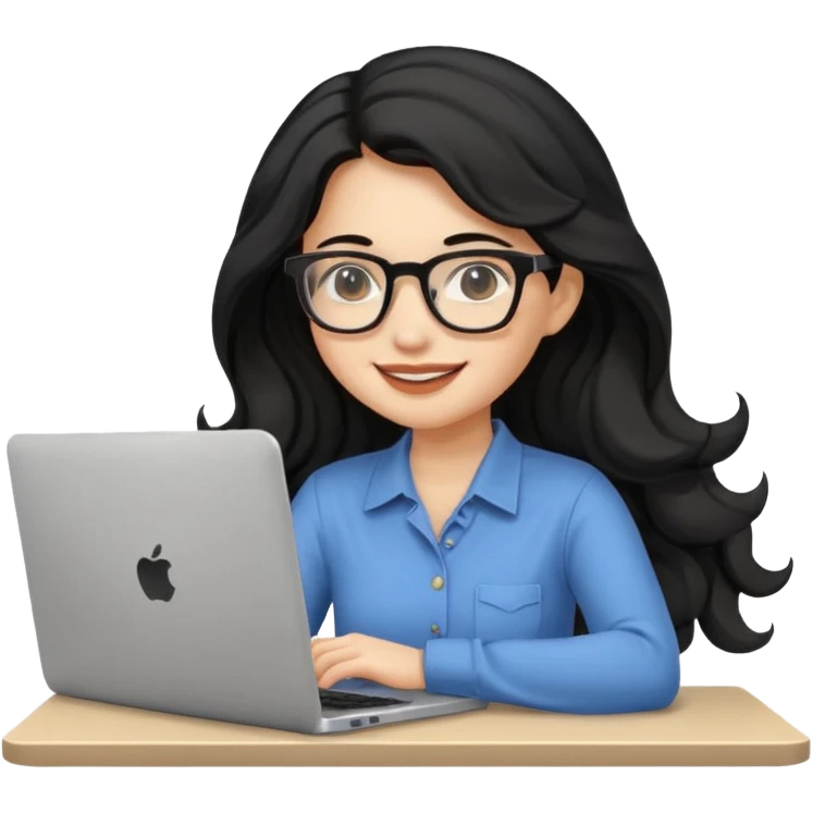 Cute female developer style sitting in front of laptop. No glasses, smiling with long hair waves. Early 20s light skin tone. Black hair emoji