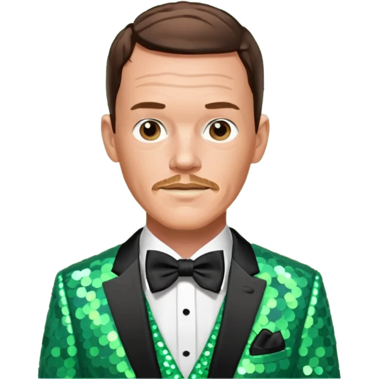 Matthew Lillard with brown hair, light green sequin suit with bow tie emoji