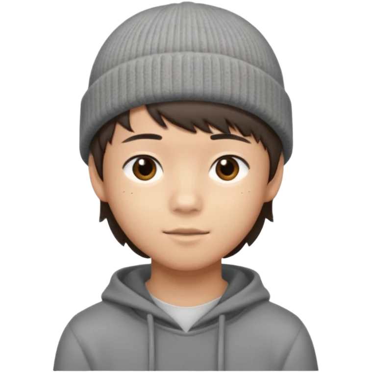 14-year-old Asian boy with short brown hair, side bangs, wearing a grey beanie emoji