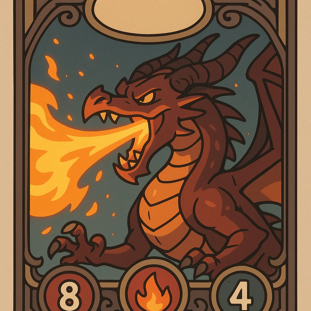 collectible card of a powerful fire dragon breathing flames with health, fire, and armor icons displayed, highly detailed, ornate fantasy card design, glowing effects, dynamic composition emoji