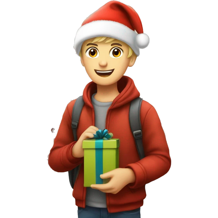German boy going christmas shopping, buying a lot of gifts, wearing warm clothes and a christmas hat emoji