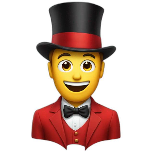 An entertainer in a red suit who has an open jaw instead of a head, and inside the jaw there are two eyes, and he also has a black top hat emoji