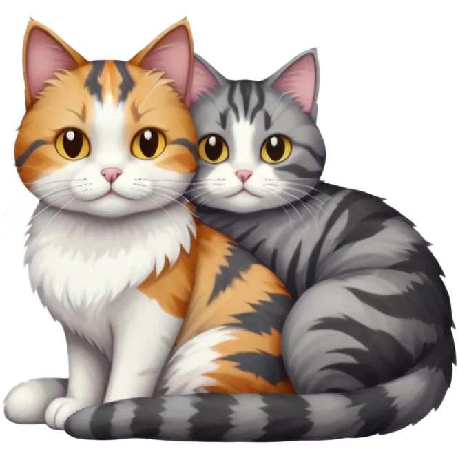full body colourful light patched calico + white tabby cat cuddling a big dark grey and white tabby cat  emoji