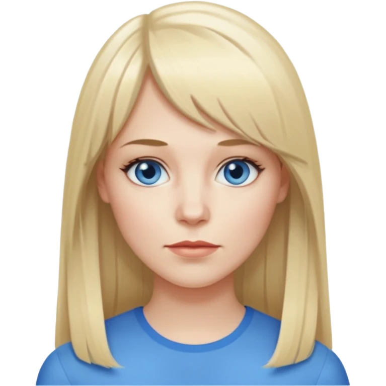 35 yr old white woman, pale skin, long straight blond hair parted in center, blue eyes, bangs emoji