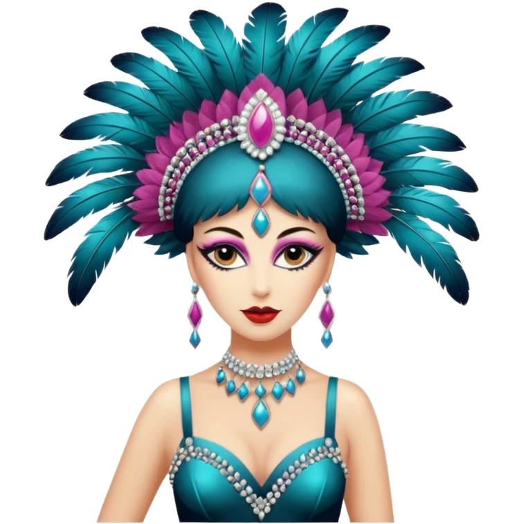 burlesque cabaret dancer, glamorous costume, feathered headdress, confident pose emoji