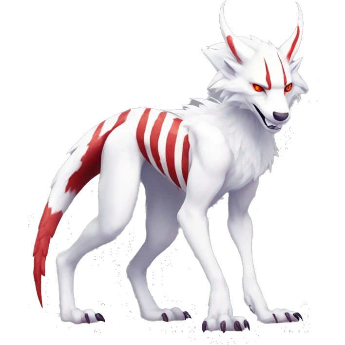 White edgy cute badass epic anthro modern albino sergal-vernid-Fakémon with red mane and red eyes, red stripes, red horns,  full body emoji