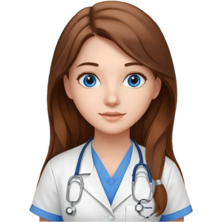 inside a classroom at university that says nursing school on the board with a pretty female nursing student with long brown hair, blue eyes emoji