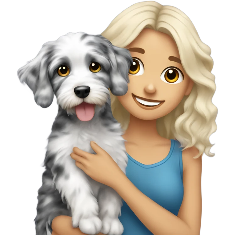 Blonde girl holding blue Merle aussiedoodle  emoji