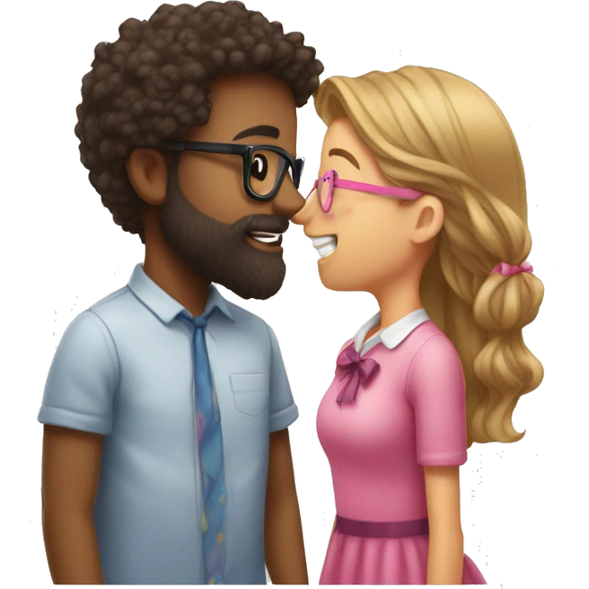 a girl with no glasses and long hair with a pink bow in her hair kissing a boy who has a beard and glasses and also wearing a bow on his head emoji