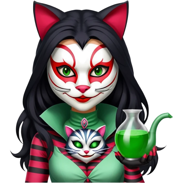 a deadly woman with tan skin, long black hair, wearing a white Cheshire cat mask with red stripes. She’s dressed in a sleek green assassin outfit and holds poison-tipped claws. emoji