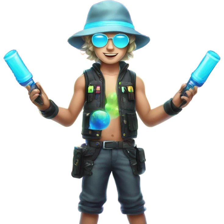 Caucasian boy at rave wearing a glowing outfit and hat with bubble guns in each hand emoji