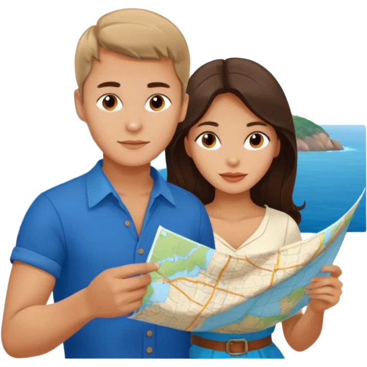 Russian young man and elegant fair-skinned Latina girl in costal outfits with a map planning  emoji