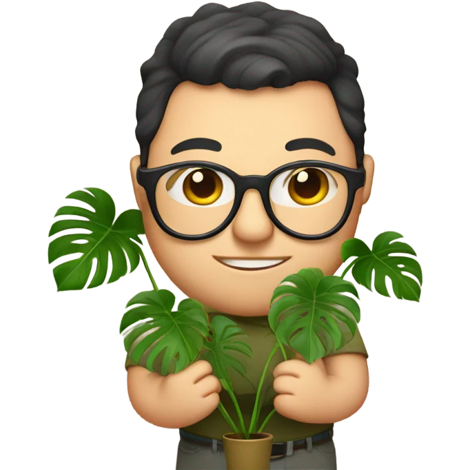 Chubby guy is glasses holding a monstera  emoji