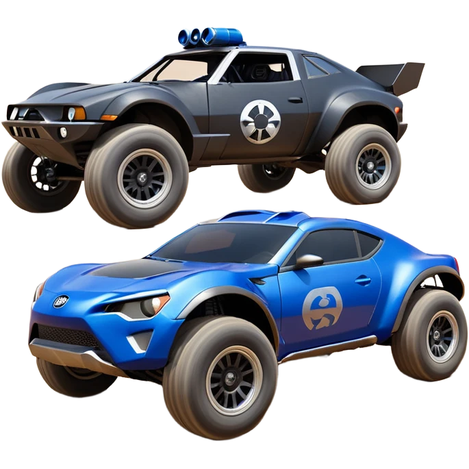 Star Wars’s dark trooper’s police evil darkly night blue Dirty and dented Local Motors Rally Fighter off road race car hot rod meets 2013 scion fr-s trophy truck-style basher flying down a dusty road (silver wheels) emoji