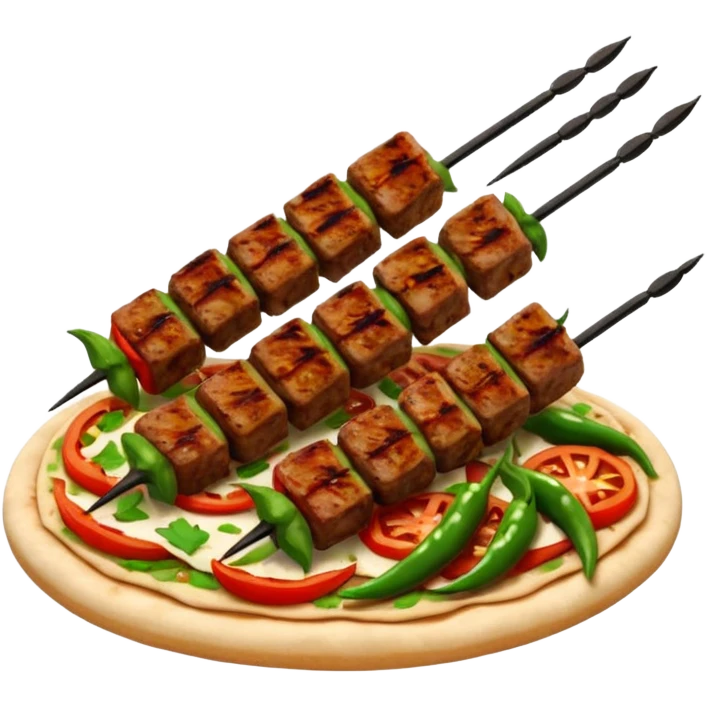 Adana kebab object icon, spicy grilled minced meat skewer, served on flatbread, grilled tomatoes and green peppers on the side, smoky char marks, juicy texture, 3D cartoon, mobile game icon style, centered, clean background, no text, no watermark
 emoji