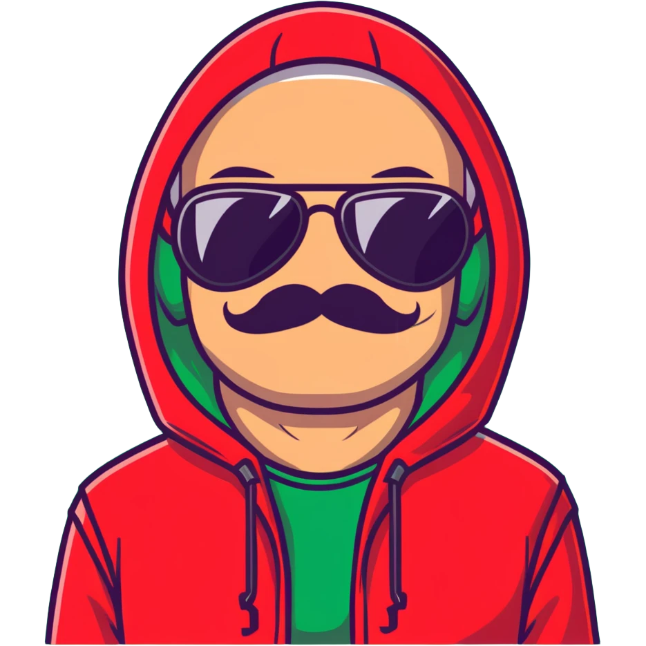 middle-aged man with thin mustache, black aviator sunglasses, red hoodie with hood covering head emoji