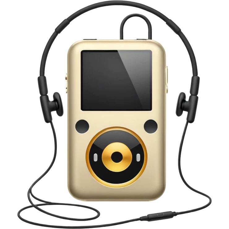 Futuristic iPod emoji with earphones, metallic black and white, smooth reflective surfaces, flat minimal vector design, clean UI style emoji