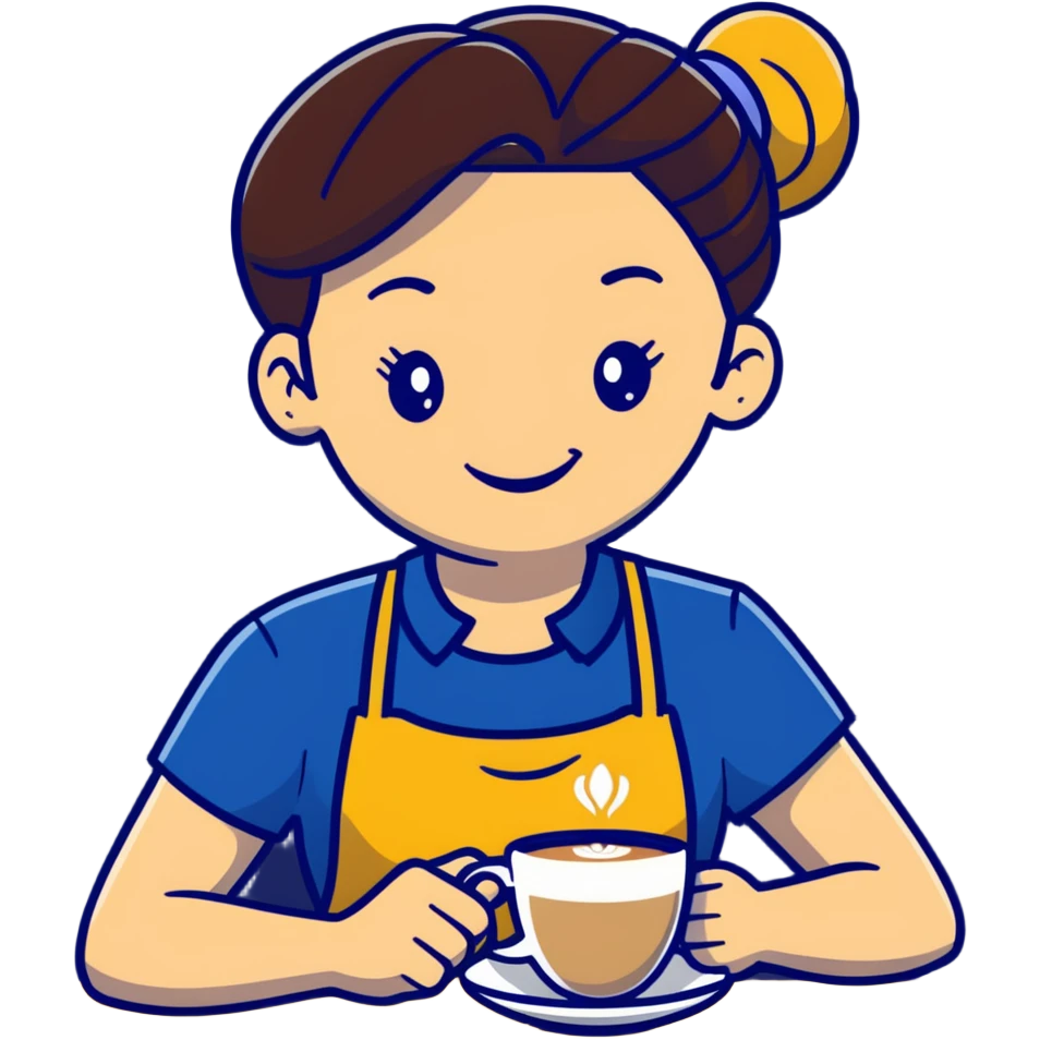 Cute brunette barista girl with hair in a bun wearing yellow shirt and dark blue apron, she's relaxed and making latte art, smiling at the coffee cup emoji