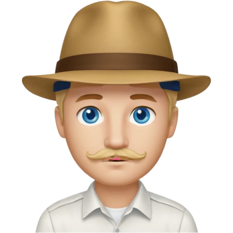 Justin Jeffre blue eyes, blonde hair and brown mustache, white shirt and hat emoji