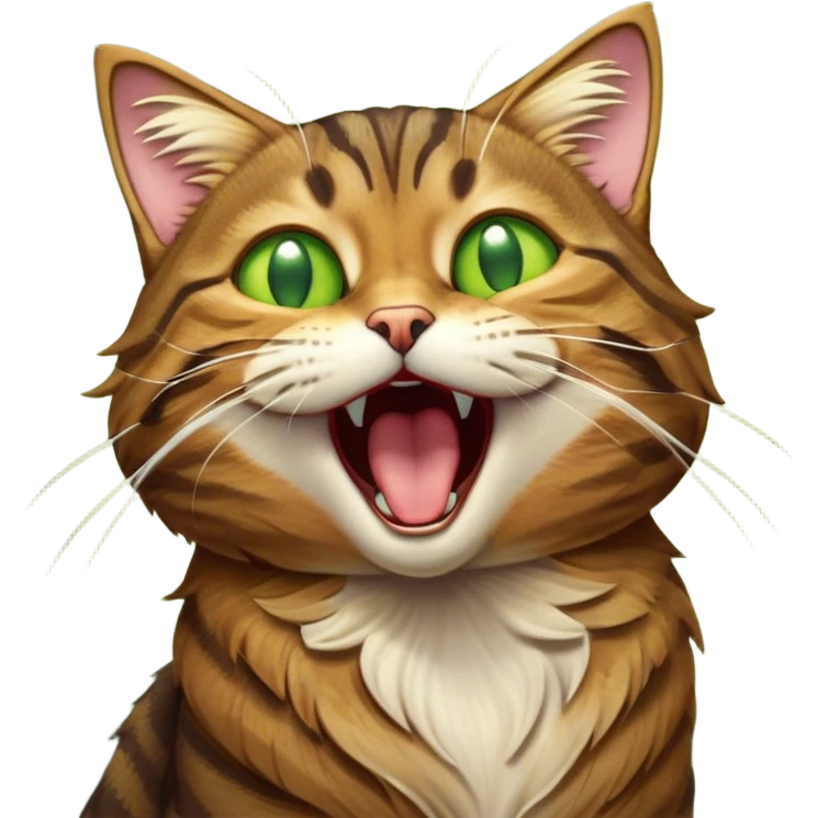 Cinematic Cute Yawning Brown Tabby Cat Portrait Emoji, Head tilted slightly with a dramatic, wide-open yawn, soft brown fur with bold tabby markings, long whiskers stretching forward, golden-green eyes barely open in drowsy contentment, Simplified yet irresistibly adorable features, highly detailed, glowing with a soft, cozy glow, high shine, relaxed yet expressive, stylized with a touch of whimsy, bright and endearing, soft glowing outline, capturing the essence of a sleepy yet affectionate kitty, so drowsy it feels like it could stretch right out of the screen and curl up for a nap! emoji