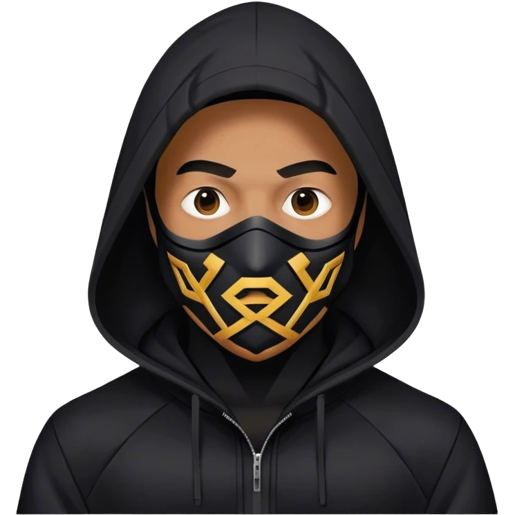 man with black hooded jacket and a black full-face geometric mask emoji