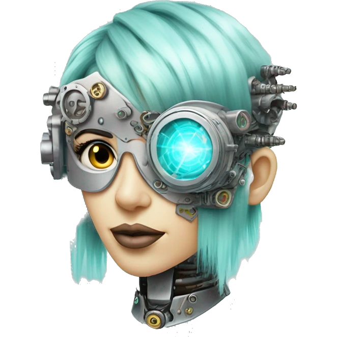 Pastel aqua hair female cyborg head with silver steampunk goggles, goatee and circuits emoji