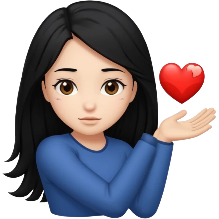 character with long black hair past elbow,  round, downturned dark brown eyes, heart shape face emoji