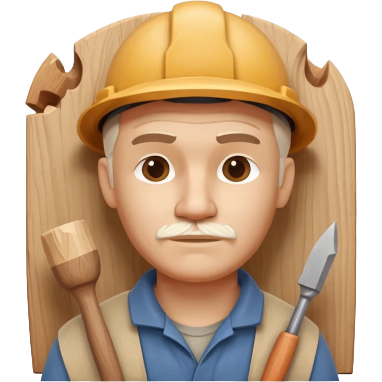 wood carving carpenter portrait, head and shoulders only, carving wooden figure with chisel, wood shavings visible, focused craftsman expression, artisan workshop vibe, 3D cartoon style, mobile game icon style, clean background, no text, no watermark
 emoji