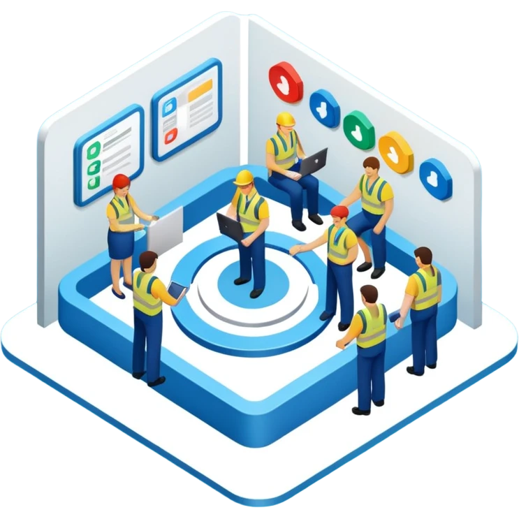 isometric, image of employee services, case management, crew operations integrating together as processes and systems emoji