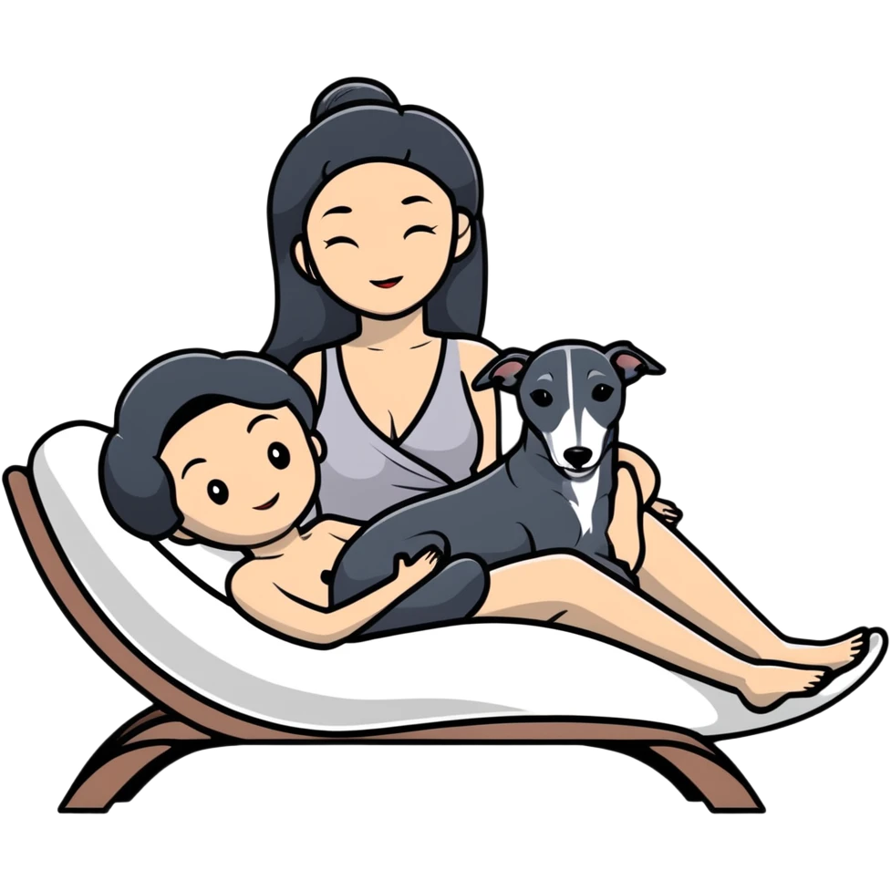 Very thin Chinese woman with long black hair relaxing on a spa lounger with exactly ONE whippet dog. CRITICAL REQUIREMENT: the whippet must be ONE SOLID VERY DARK CHARCOAL GREY (almost black-grey) COLOR from nose to tail with NO WHITE or LIGHT AREAS anywhere - NO white face, NO white muzzle, NO white chest, NO white paws, NO white tail tip - NOTHING BUT A SINGLE SHADE OF VERY DARK GREY throughout the entire animal emoji