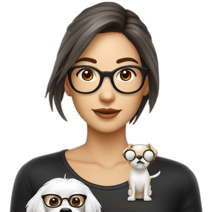 mujer piel banca pelo largo gafas con perro maltés blanco emoji