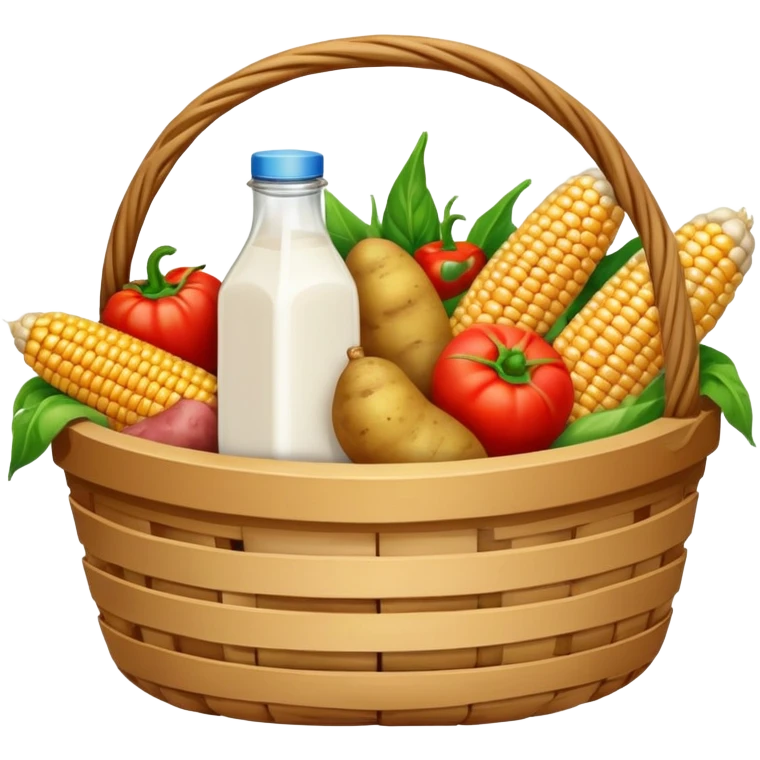 harvest food basket with potatoes, corn, tomato, pepper, meat, milk emoji