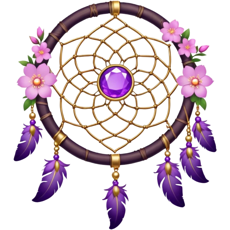 A white-circle-framed Dreamcatcher, with purple-round-orb-stones, gold-ring-accents, purple tint flowers, pink sakura flowers, emoji