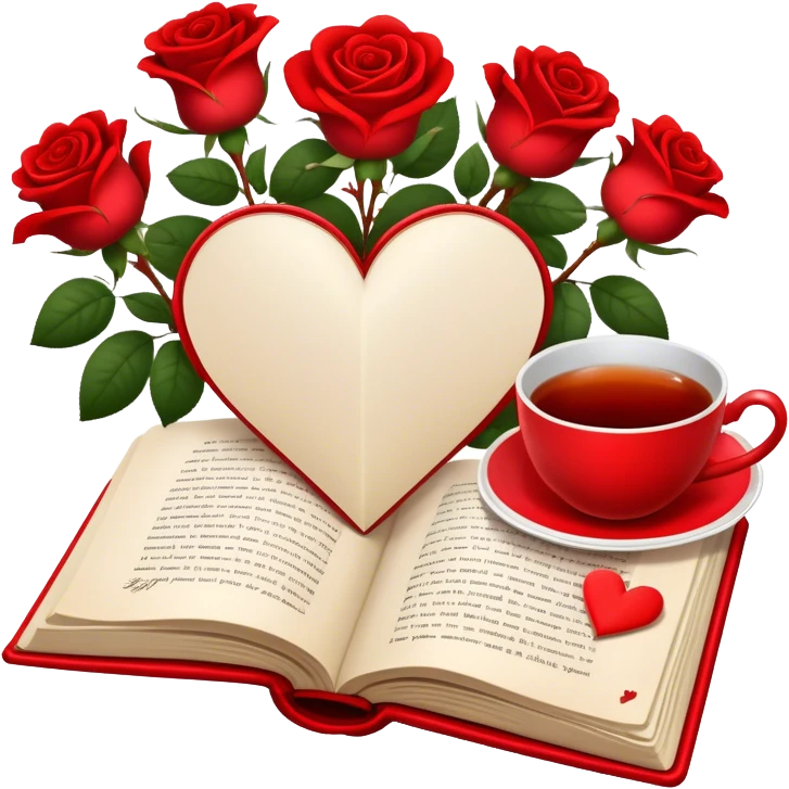 Icon for Romance Reading: an open book with a heart-shaped bookmark, surrounded by roses, a love letter, and a cup of tea. The icon should evoke the warmth, passion, and emotional depth of a love story. Transparent background emoji