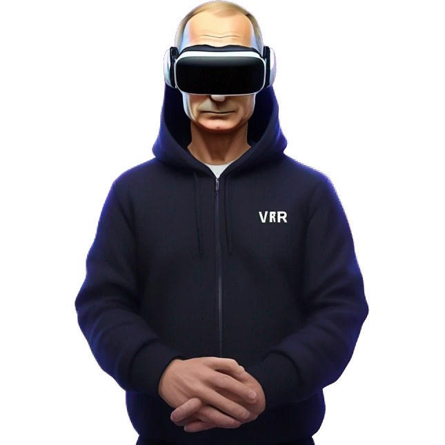 Vladimir Putin wearing a black hoodie with "OMG" letters on it and VR headset oculus quest 2 in a cyberpunk VR environment with violet neon lighting. emoji