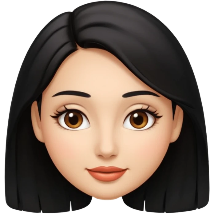 Feminine woman Softly rounded, healthy face — slightly curvy and feminine, not overweight.
Warm tan skin, brown eyes with long lashes, full glossy lips, gentle smile.
Shoulder-length black hair framing the face.
Clean, polished emoji look, soft shading, neutral background. emoji