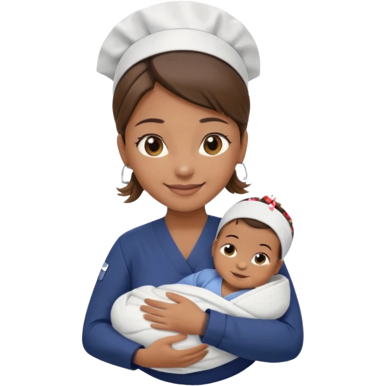 Female nurse smiling with her hair tied up in a roll on the top front of head with medium brown skin and brown eyes holding one new born with navy blue short sleeves emoji