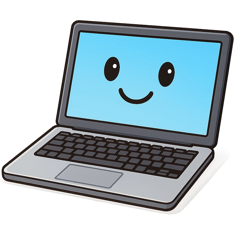 open laptop with a friendly face on the screen, digital style emoji