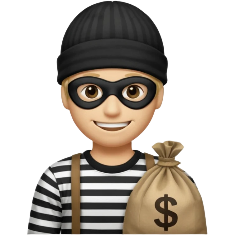 smiley robber wears black eye mask, black beanies and black and white stibes shirt with one brown money bag beside him emoji