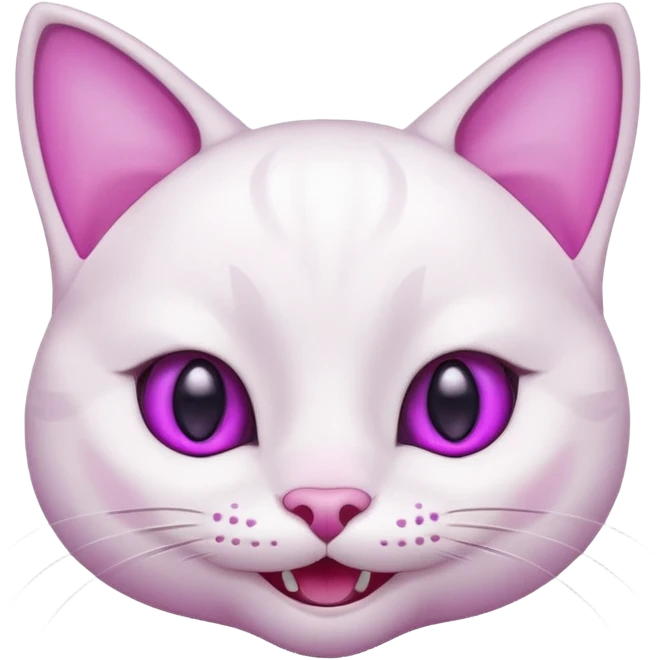 White cat happy smiling with teeth showing, light pink inner ears, magenta purple eyes, looks like discord's :smiley_cat: emoji emoji