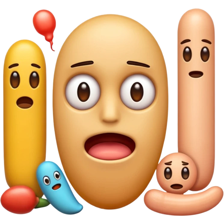 I want the main person to be an emoji with a bunch of phallic-like objects surrounding them, and their face should show fear of them emoji