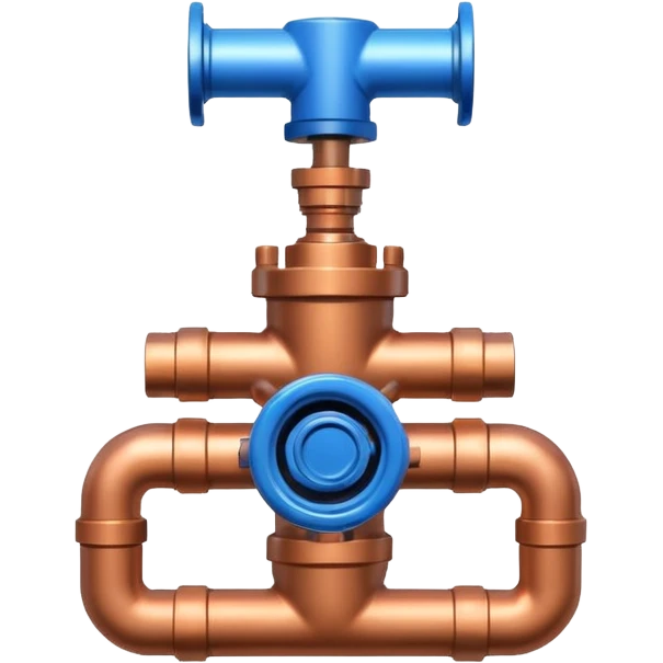 3D icon of connected copper pipes with a blue valve in the center, professional Pixar-like style, plumbing-focused, slightly shiny metallic textures, white background



 emoji