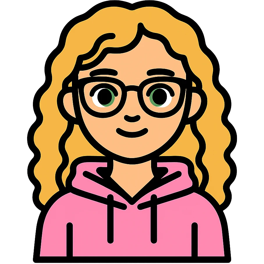 Edit the image to depict a girl with lighter skin, dark blonde wavy hair, green eyes, wearing a baby pink hoodie and brown glasses, with a friendly expression and no background. emoji