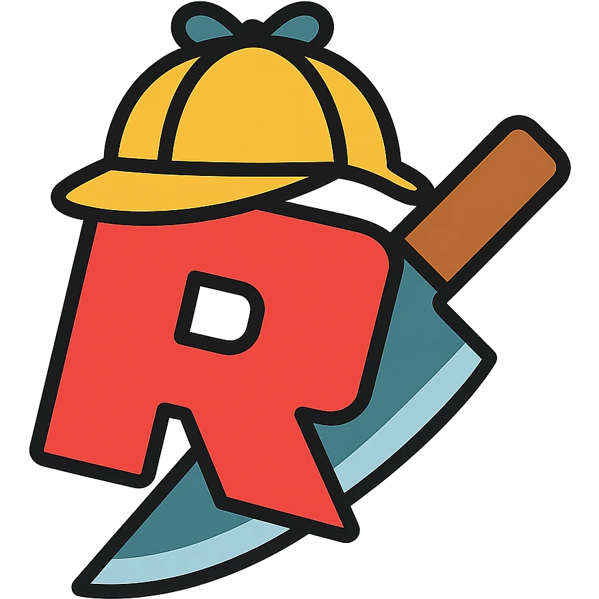 Roblox Murder Mystery logo with stylized R, knife and detective hat, color outline style emoji
