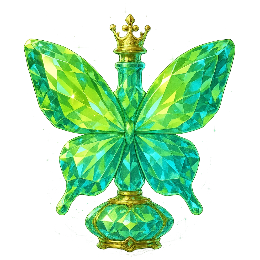 luxurious crystal butterfly-shaped bottle with short neck and princess crown, many facets, glowing and light refractions, green (#c0ff53) and blue colors, golden details, subtle magical effects, transparent background, beautiful connected base, floating in air, no ground or shadow, design very close to original emoji