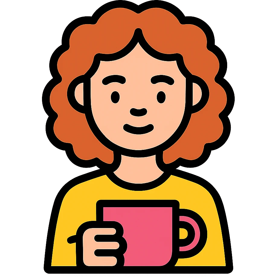 white girl with medium curly hair holding a coffee cup, color outline icon style, black lines with subtle color fill, friendly emoji