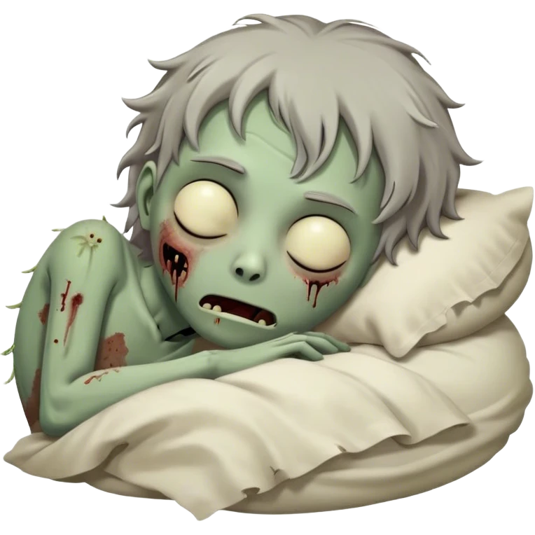 Meme-Worthy Cute Sleeping Zombie Portrait Emoji, with a delightfully quirky, slightly disheveled decaying face in soft ashen hues, head tilted back in peaceful, relaxed sleep with softly closed eyes and a tiny, endearing smile, simplified yet irresistibly charming, highly detailed with a soft eerie glowing outline that captures the gentle, unexpected cuteness of a zombie in serene repose! emoji