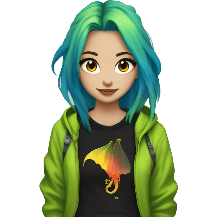 Lady with brunette and iridescent blue hair, gold, lime green dragon wings, black hoodie, bleach dyed, black and gold Nike t shirt, and bright red eyes emoji